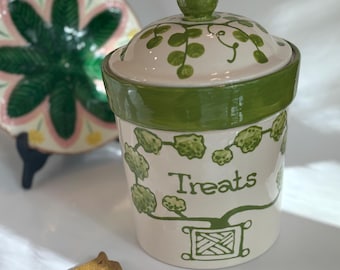 Hand Painted Green and White Chinoiserie Treat Canister   Copyright design