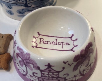 Hand Painted Chinoiserie Dog  Bowl   LARGE Lavender