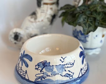 Hand Painted Chinoiserie/Cavalier King Charles Spaniel Dog Bowl - Medium  Blue COPYRIGHT Base is 8" across