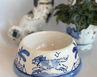 Hand Painted Chinoiserie/Cavalier Dog Bowl - Small Blue  Hand painted Bowl