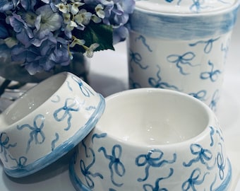 Hand Painted Blue Bows Dog Bowl - Medium ***COPYWRITED DESIGN