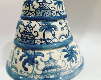 Hand Painted Chinoiserie Dog Bowl - Small Blue  Cat Bowl