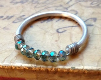 Silver ring with deep teal crystals ~ size 7