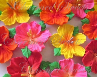 Royal Icing Hibiscus Flowers in Bright Summer Colours with Leaves & center Stamens 1  1/2" - 2" size. Sugar flower decoration only.