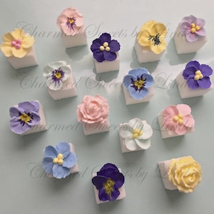 Royal Icing "Petite Fleurs" Pansies - Violets - Tea Roses 1/2" FLOWERS ONLY OR on Sugar Cubes You Pick!