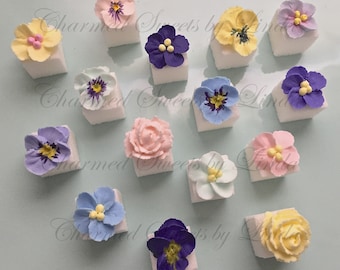 Royal Icing "Petite Fleurs" Pansies - Violets - Tea Roses 1/2" FLOWERS ONLY OR on Sugar Cubes You Pick!