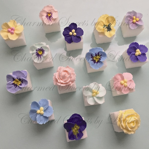 Royal Icing "Petite Fleurs" Pansies - Violets - Tea Roses 1/2" FLOWERS ONLY OR on Sugar Cubes You Pick!