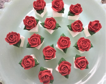 Roses are Red Royal Icing Red Roses Flowers with Leaves only OR on Sugar Cubes