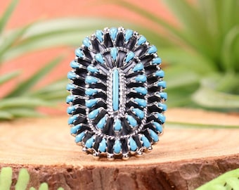 1970/'s Old Pawn Zuni Silver Turquoise Petit Point Ring; Native American Jewelry; Vintage Southwestern Ring
