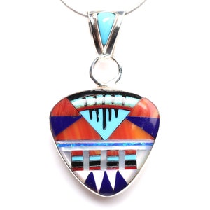 Sterling Silver Southwestern Inlay Pendant - One of a Kind Southwestern Pendant - Turquoise, Mother of Pearl, Red Coral, Fire Opal Necklace