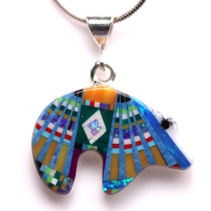 Southwestern Micro Inlay Bear Pendant - Sterling Silver Jewelry - One of a Kind Colorful Mosaic Necklace