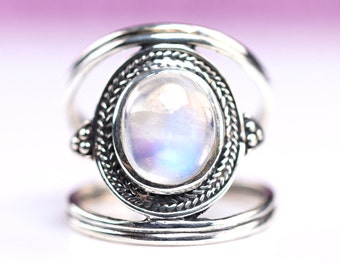 Sterling Silver Rainbow Moonstone Ring - June / Cancer Birthstone Jewelry - Boho Statement Jewelry