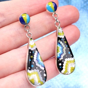 Southwestern Inlay Earrings - Sterling Silver Unique Artisan Jewelry - Pushback Dangle Drop Earrings - Unique Christmas Gift for Her