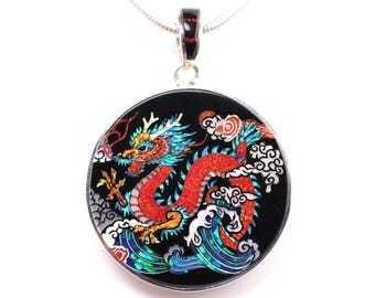 Sterling Silver Red Dragon Inlay Pendant - David R Freeland Jr Designs - Asian Themed Jewelry