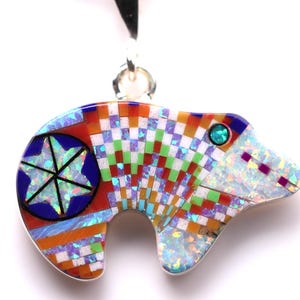 Southwestern Micro Inlay Bear Pendant - Sterling Silver Jewelry - One of a Kind Colorful Mosaic Necklace