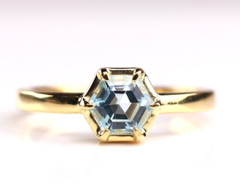 Blue Topaz Sterling Silver Hexagonal Cut Ring - 14K Gold Vermeil Over Silver - 3 Micron Gold Plating - December Birthstone Jewelry - Gift