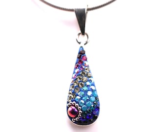 Small Sterling Silver Micro Mosaic Teardrop Pendant - Featuring Dichroic Glass & Austrian Crystal - Handmade Jewelry