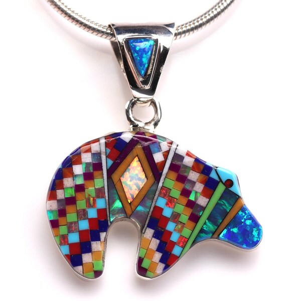 Southwestern Micro Inlay Bear Pendant - Sterling Silver Jewelry - One of a Kind Colorful Mosaic Necklace