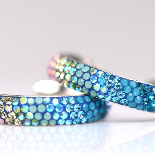Sterling Silver Micro Mosaic 1" Hoops - Featuring Dichroic Glass & Austrian Crystal - Handmade Jewelry - Sparkly, Colorful, Unique Gift
