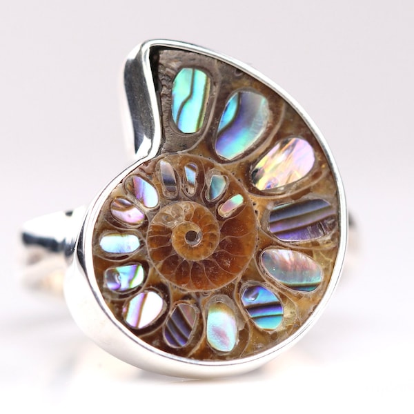 Size 8.5 - Ammonite with Abalone Inlay Ring - Sterling Silver Ammonite Fossil Jewelry