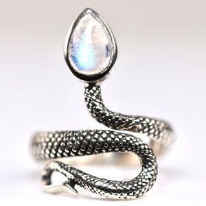 Rainbow Moonstone Sterling Silver Snake Ring - Adjustable Size - Marquise Cut Crystal Ring - June Birthstone Jewelry - Unique Gift for Her
