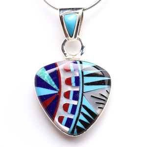 Sterling Silver Southwestern Inlay Pendant - One of a Kind Southwestern Pendant - Turquoise, Mother of Pearl, Red Coral, Fire Opal Necklace