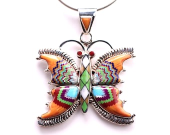 Sterling Silver Inlay Butterfly Pendant - Southwestern One of a Kind Handmade Jewelry - Butterfly, Bug, Insect Necklace