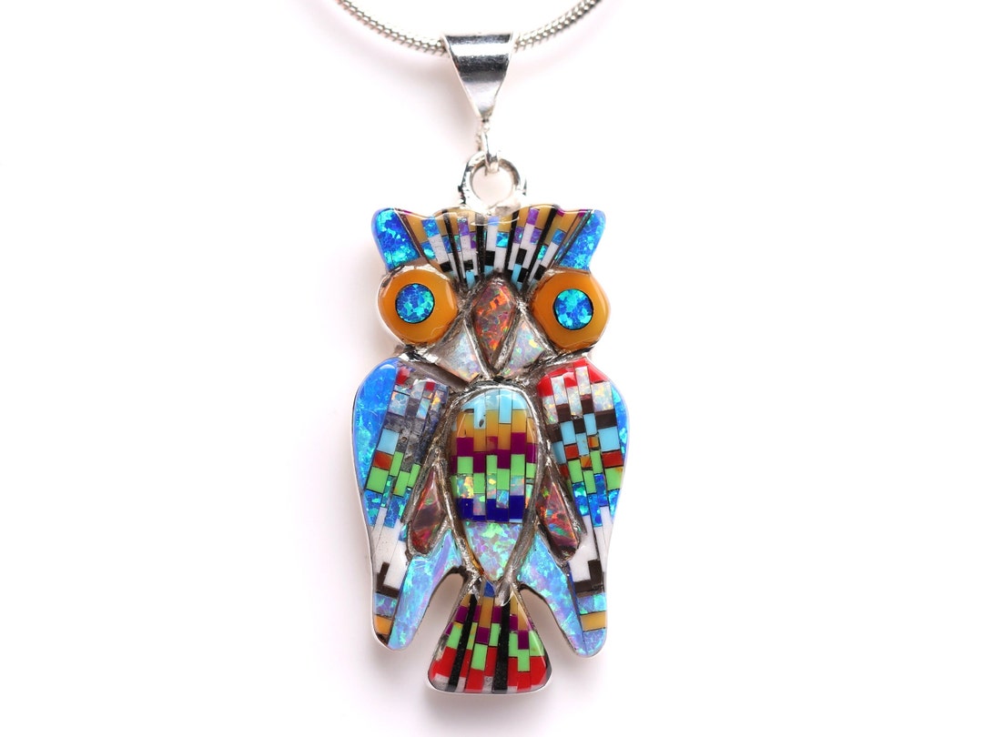 Sterling Silver Geometric Owl Inlay Pendant - One of a Kind Pendant ...