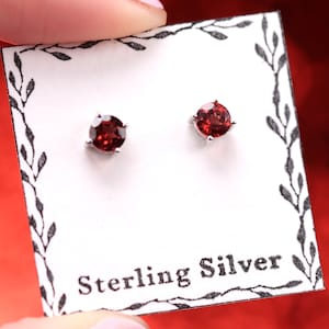 Garnet Stud Earrings - 4mm Round Cut - Sterling Silver Stud Earrings - January Birthstone Jewelry - Birthday Gift for Her - Simple Modest