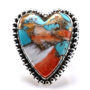 Sterling Silver Southwestern Spiny Oyster Turquoise Ring - Vintage Style Heart Shape Jewelry - Adjustable Size - Unique Gift for Her