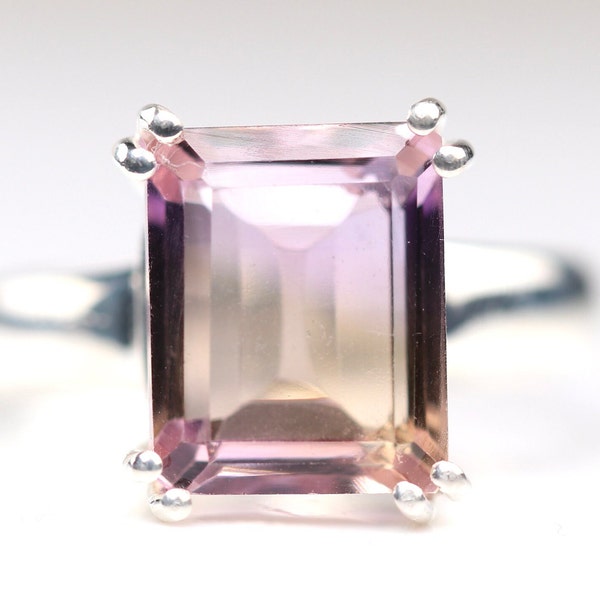 Size 8 - Natural Ametrine Statement Ring - Sterling Silver Emerald Cut Ring - Amethyst & Citrine Faceted Gemstone - Birthstone Jewelry