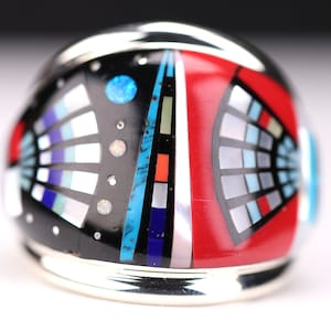 Southwestern Mens Inlay Sterling Silver Ring w/ Mother of Pearl, Black Onyx, Red Coral, and Blue Fire Opal Jewelry