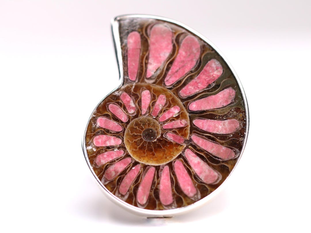 Ammonite With Thulite Inlay Ring - Adjustable Size - Sterling Silver ...