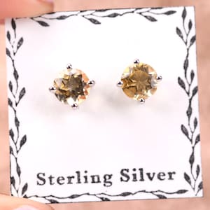Citrine Stud Earrings - 6mm Round Cut - Sterling Silver Stud Earrings