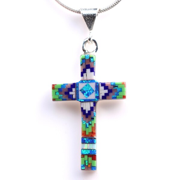 Cross Pendant - One of a Kind Handmade Sterling Silver Pendant - Southwestern Style Micro Inlay Cross Necklace - Christian Jewelry