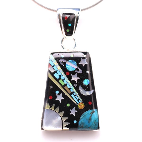 Sterling Silver Inlay Night Sky Scene Outer Space Pendant - One of a Kind Southwestern Necklace - Turquoise Jewelry Gift