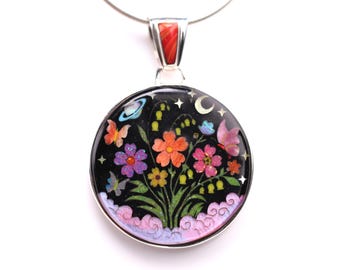 Sterling Silver Inlay Pendant with Outer Space, Night Sky, Flowers, Butterflies, and Clouds