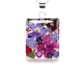 Sterling Silver Pressed Flower Necklace - Chain Included! Botanical Resin Jewelry - Terrarium, Wildflowers, Roses, Miniature Garden Gift