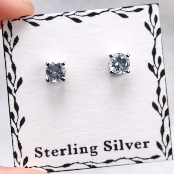 Blue Topaz Stud Earrings - 4mm Round Cut - Sterling Silver Stud Earrings - December Birthstone Studs - Simple Modest Jewelry