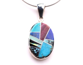 Sterling Silver Southwestern Native American Inlay Pendant - Turquoise Jewelry