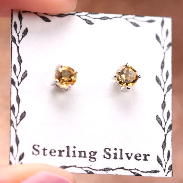 Citrine Stud Earrings - 4mm Round Cut - Sterling Silver Stud Earrings