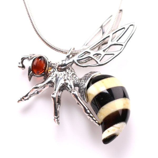 Sterling Silver Amber Bee Pendant - Genuine Baltic Cognac Amber Necklace - Statement Jewelry - Hornet, Bumblebee, Insect, Bug Handmade