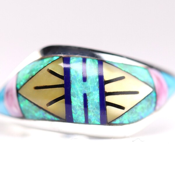 Sterling Silver Southwestern Geometric Multicolor Gemstone Inlay Ring - One of a Kind Inlaid Jewelry - Turquoise, Blue Fire Opal