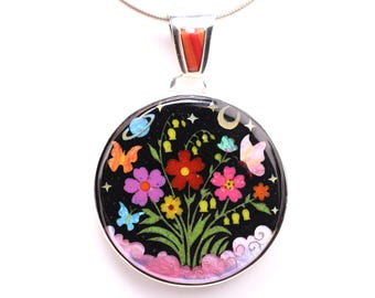 Sterling Silver Inlay Pendant with Outer Space, Night Sky, Flowers, Butterflies, and Clouds