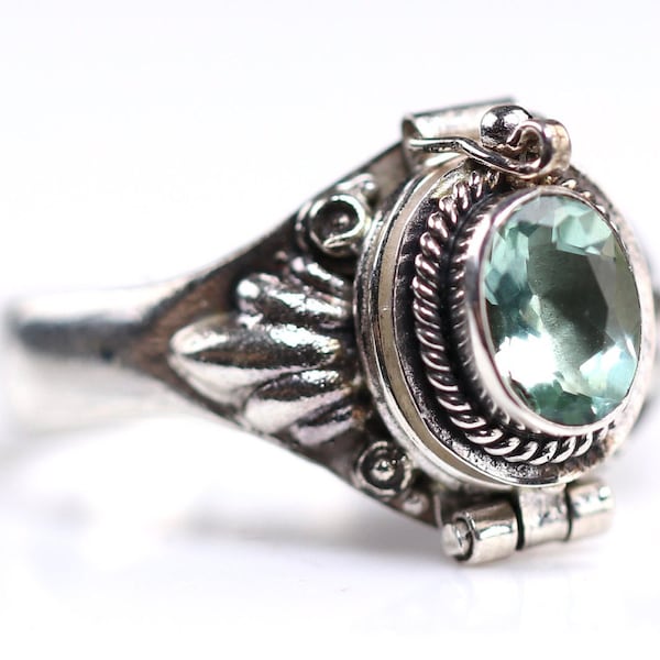 Apatite Sterling Silver Poison Ring - Bijoux de pierre de naissance de décembre - Anneau de médaillon