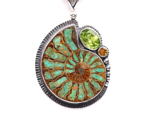 Natural Ammonite Pendant With Genuine Smithsonite Inlay & Peridot  display picture 1
