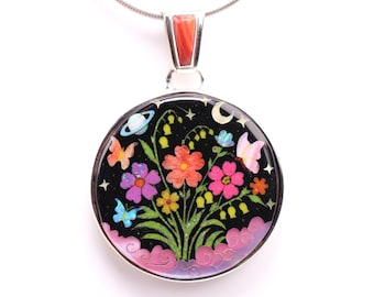 Sterling Silver Inlay Pendant with Outer Space, Night Sky, Flowers, Butterflies, and Clouds