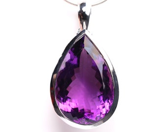 Large AAA Grade Amethyst Pendant - Sterling Silver Pear Cut Gemstone Specimen Necklace - February Birthstone Jewelry - Unique Gift for Her