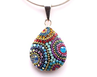 Sterling Silver Micro Mosaic Teardrop Pendant - Featuring Dichroic Glass & Austrian Crystal - Handmade Jewelry - Sparkly, Colorful, Unique