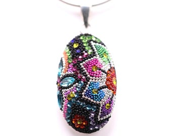 Sterling Silver Micro Mosaic Pendant - Featuring Dichroic Glass & Austrian Crystal - Handmade Jewelry